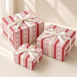 Red Pink Stripes Coquette Bows Christmas Wrapping Paper