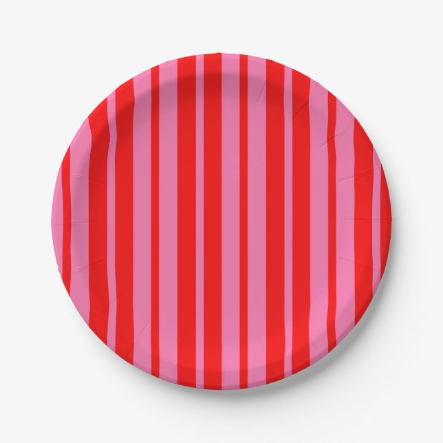 Red Pink Stylish Stripes Pattern Design  Paper Plates (Front)