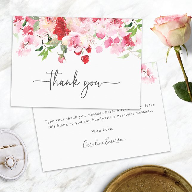 Red Pink  Thank You Card (Red and Pink Roses Thank You Card for Bridal Shower or Weddings by Painted Paperie
)