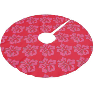 Red Pink Tropical Hawaiian Hibiscus Flower Print Brushed Polyester Tree Skirt