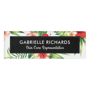 Red & Pink Tropical Hibiscus & Green Leafs Name Tag