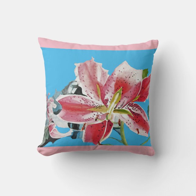 Red Pink Tropical lily Lillies Flower Floral Blue  Throw Pillow (Front)