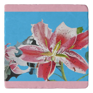 Red Pink Tropical lily Lillies Flower Floral Blue Trivet