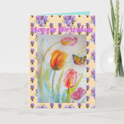 Red Pink Tulip and Butterfly Watercolour art Card
