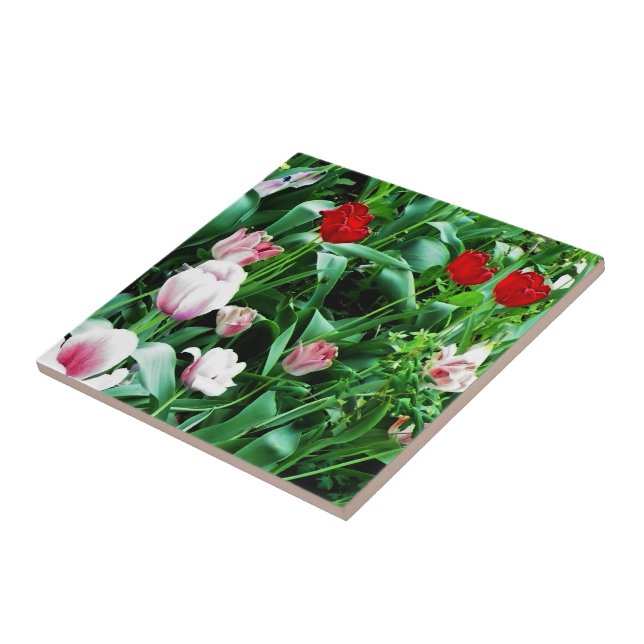 Red & Pink Tulips Pictures Spoon Rest Ceramic Tile (Side)