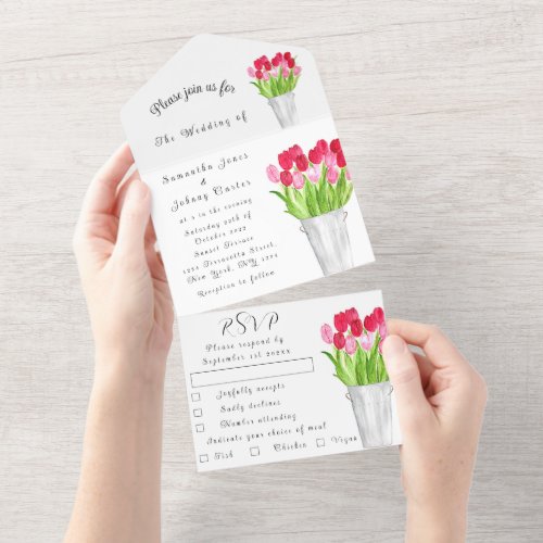 Red Pink Tulips Watercolor Spring Wedding All In One Invitation