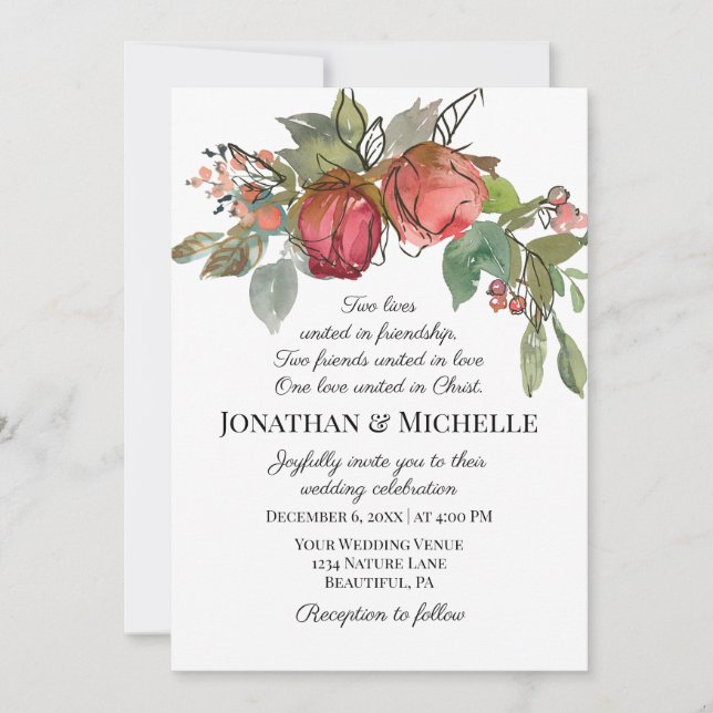 Red Pink Two Roses Greenery Christian Wedding Invitation (Front)