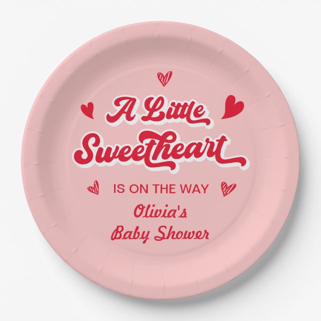 Red Pink Valentine A Little Sweetheart Baby Shower Paper Plates (Front)