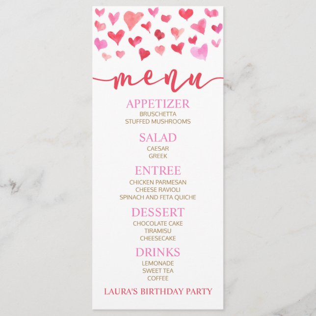 Red Pink Valentine Birthday Party Food Menu (Front)