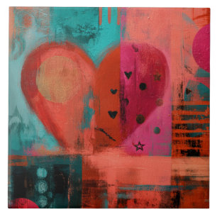 Red Pink Valentine Graffiti Split Heart Ceramic Tile