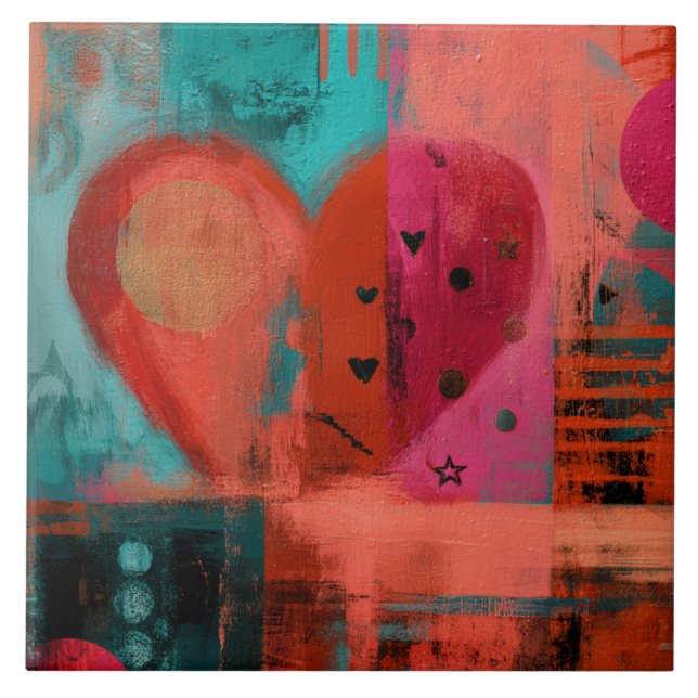 Red Pink Valentine Graffiti Split Heart Ceramic Tile (Front)