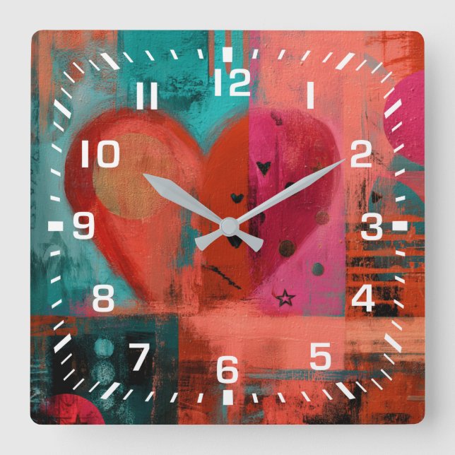 Red Pink Valentine Graffiti Split Heart Square Wall Clock (Front)