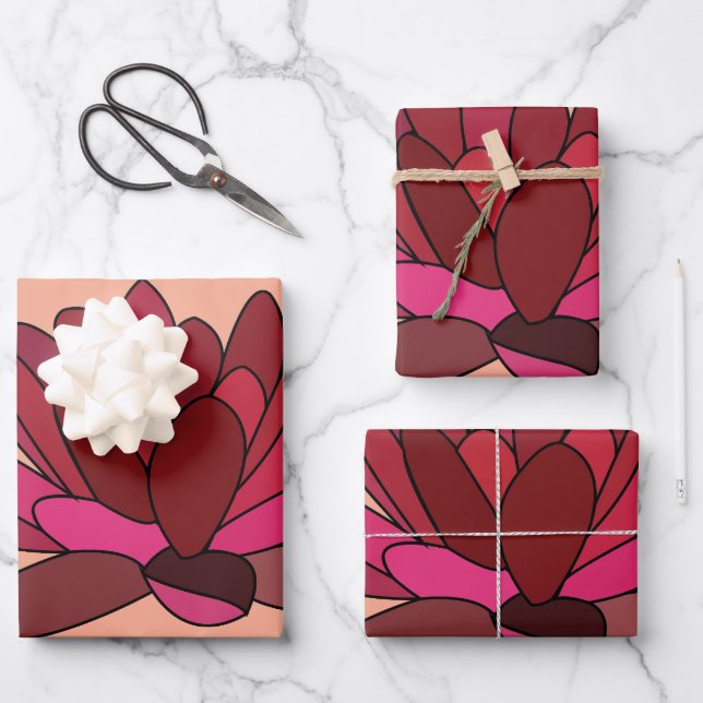 Red Pink Water Lily Wrapping Paper Sheets (Front)