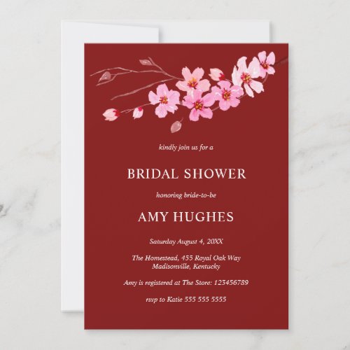 Red Pink Watercolor Cherry Blossom Bridal Shower Invitation