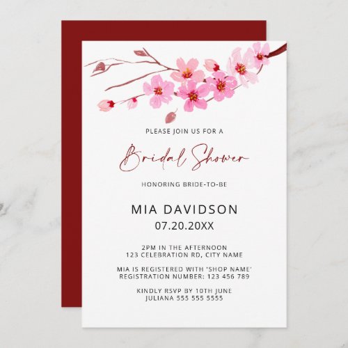 Red Pink Watercolor Cherry Blossom Bridal Shower  Invitation