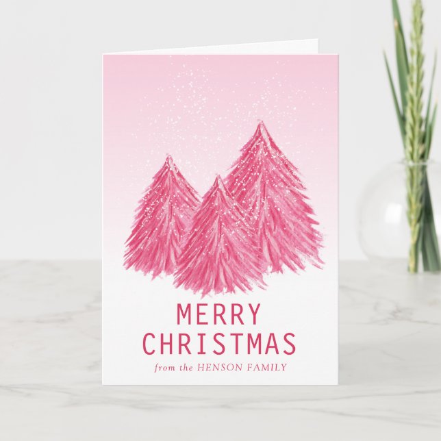 Red Pink Watercolor Christmas Tree Artistic  Holiday Card (Front)