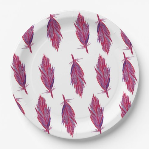 Red Pink Watercolor Feather  Paper Plates