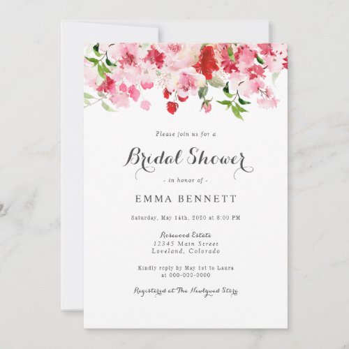 Red Pink Watercolor Floral Bridal Shower Invitation