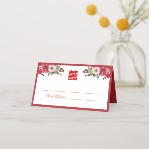 Red pink watercolor floral Chinese wedding table  Place Card