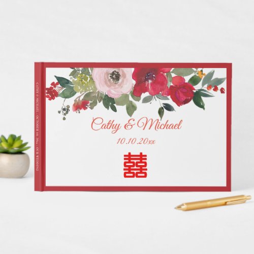 Red pink watercolor floral modern Chinese wedding Guest Book