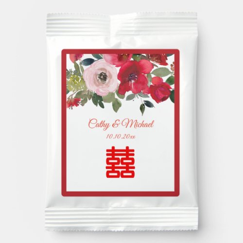 Red pink watercolor floral modern Chinese wedding Hot Chocolate Drink Mix