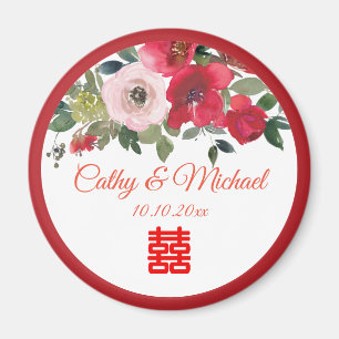 Red pink watercolor floral modern Chinese wedding Magnet