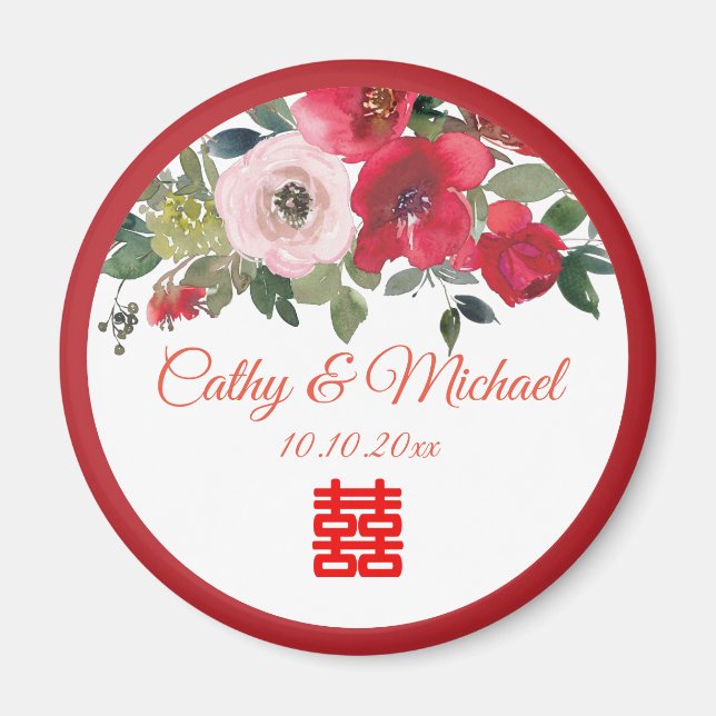 Red pink watercolor floral modern Chinese wedding Magnet (Front)