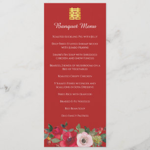 Red pink watercolor floral modern chinese wedding menu