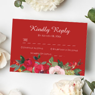 Red pink watercolor floral modern chinese wedding RSVP card