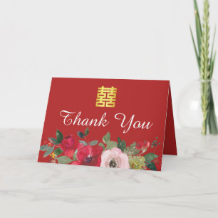 Red pink watercolor floral modern chinese wedding  thank you card