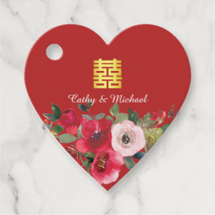 Red pink watercolor floral modern double happiness favor tags
