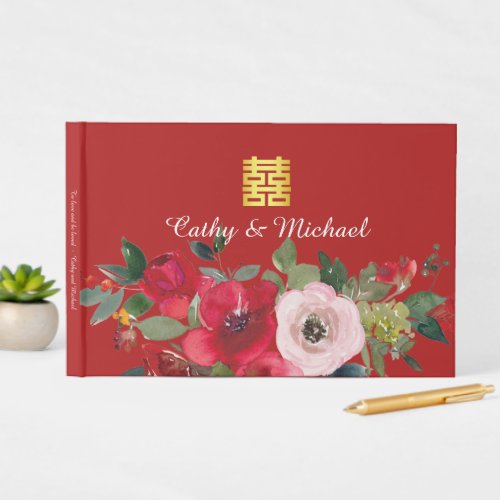 Red pink watercolor floral modern double happiness guest book