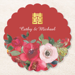 Red pink watercolor floral modern double happiness paper coaster