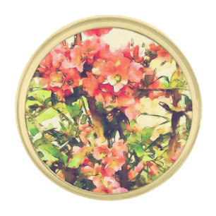 Red Pink Watercolor Floral Pattern 1 Gold Finish Lapel Pin
