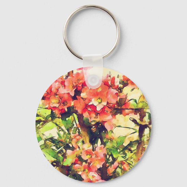 Red Pink Watercolor Floral Pattern 1 Keychain (Front)