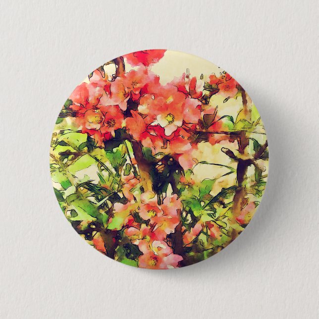 Red Pink Watercolor Floral Pattern 1 Pinback Button (Front)