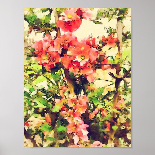 Red Pink Watercolor Floral Pattern 1 Poster