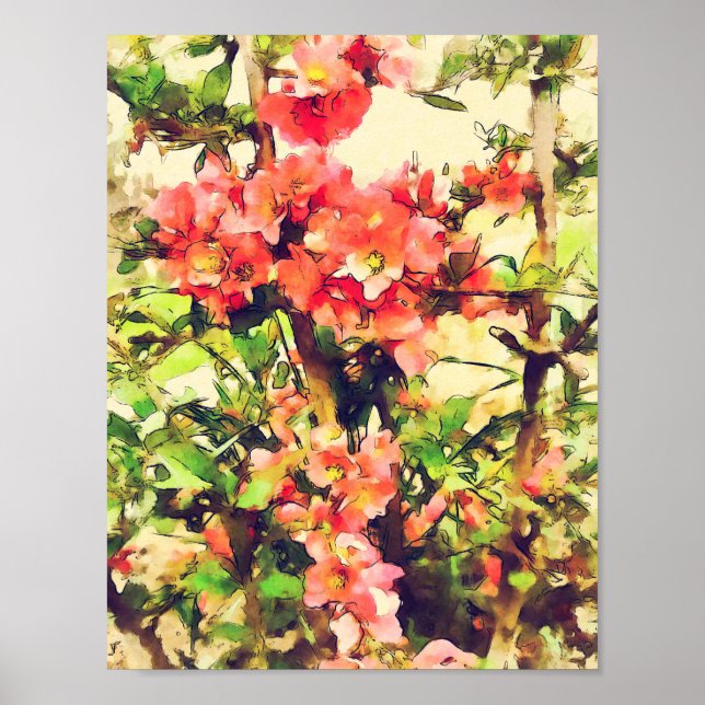 Red Pink Watercolor Floral Pattern 1 Poster (Front)