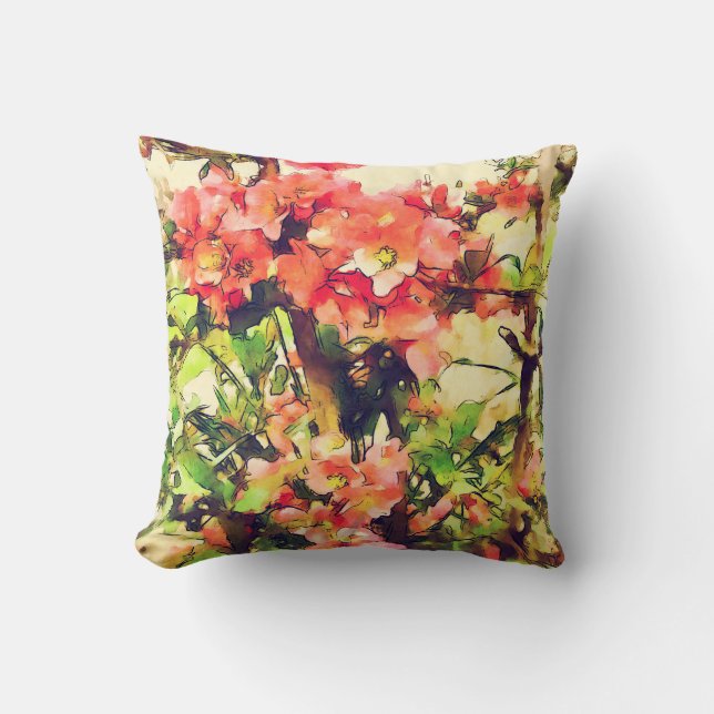 Red Pink Watercolor Floral Pattern 1 Throw Pillow (Front)