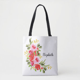 Red Pink Watercolor Floral Shoulder Tote Bag