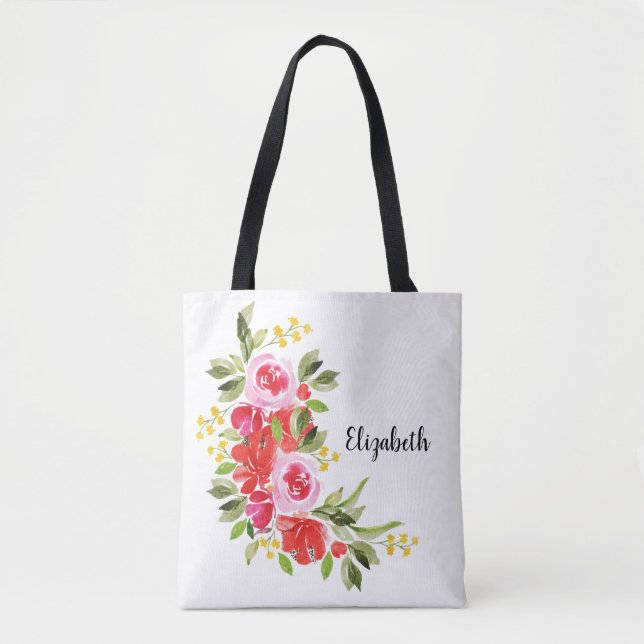 Red Pink Watercolor Floral Shoulder Tote Bag (Front)
