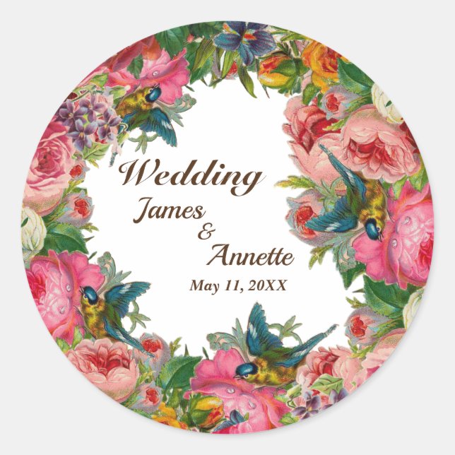 Red Pink Watercolor Flowers Classic Round Sticker (Front)