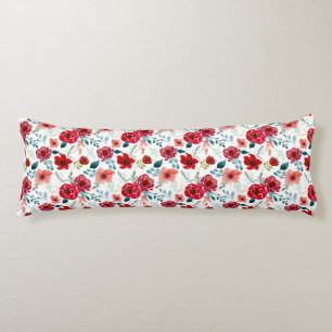 Red Pink Watercolor Flowers Teal Leaves White Body Pillow