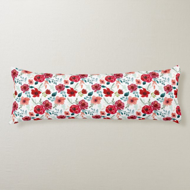 Red Pink Watercolor Flowers Teal Leaves White Body Pillow (Front)