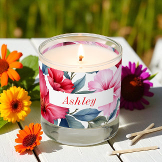 Red Pink Watercolor Hibiscus Flowers Scented Candle