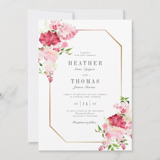 Red Pink Watercolor Roses Gold Frame Wedding Invitation (Front)