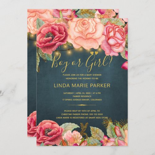 Red pink watercolor roses navy gold gender reveal invitation