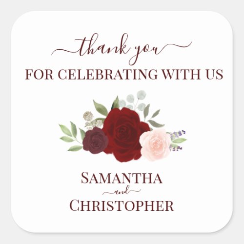 Red  Pink Watercolor Roses Wedding Thank You Square Sticker