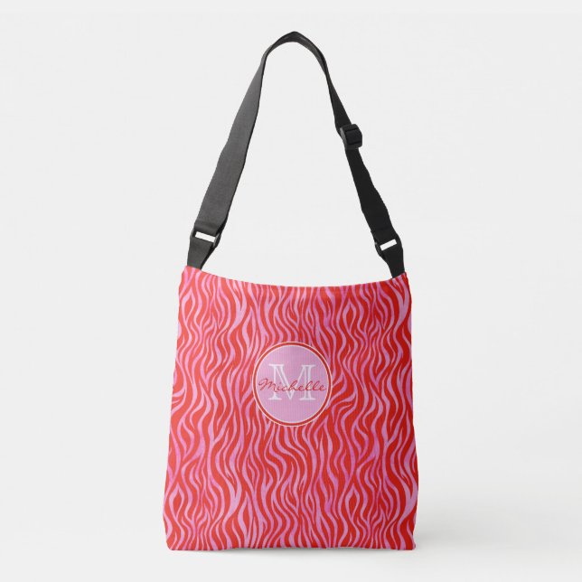 Red & Pink Watercolor Zebra Print | Monogrammed Crossbody Bag (Front)