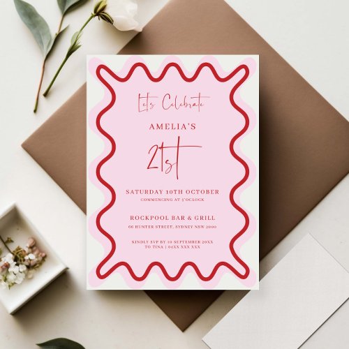 Red Pink Wavy Border 21st Birthday Invitation